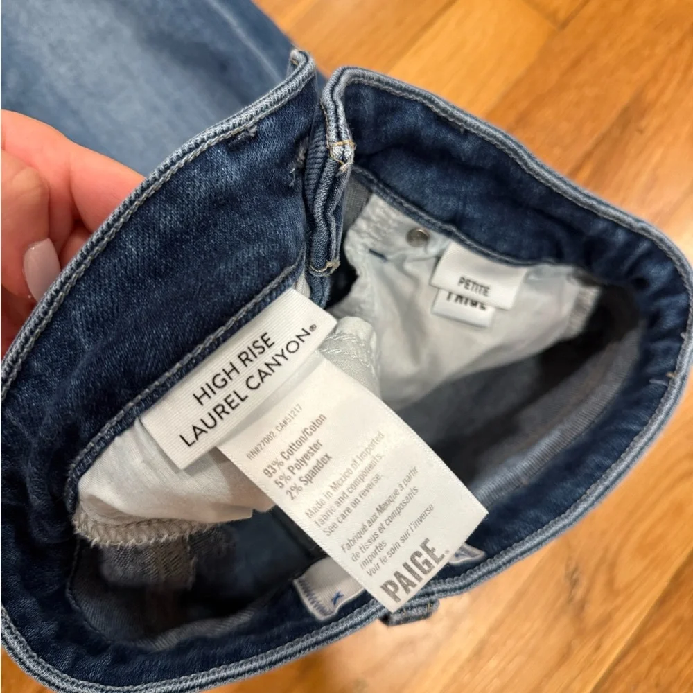 PAIGE Petite Laurel Canyon Raw Hem Flare Blue Women's Jeans - Olivin Distressed - Picture 8 of 10